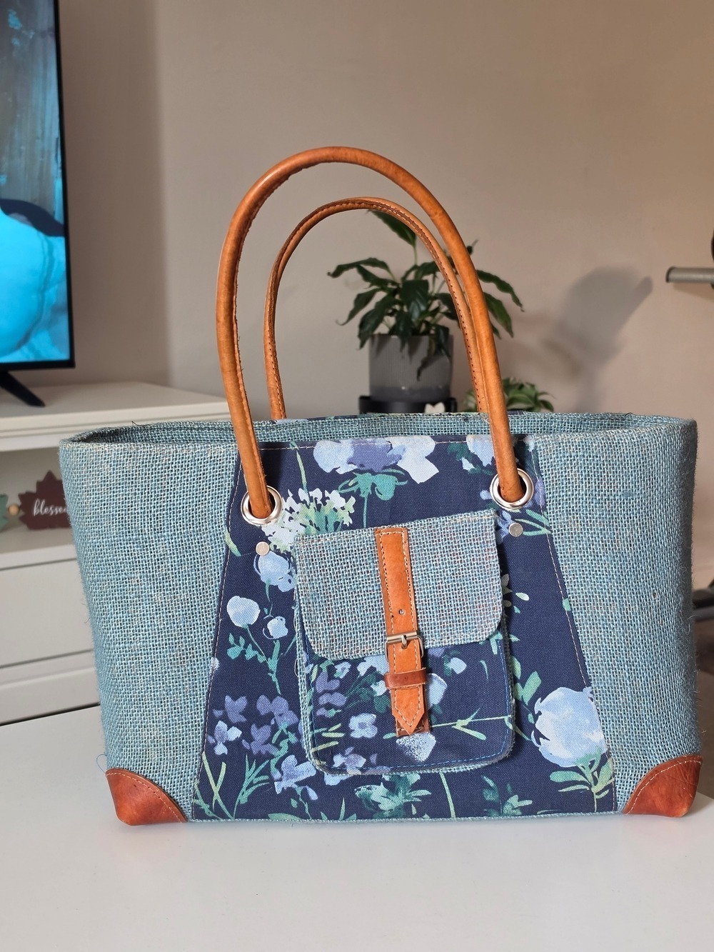 Blue Floral Canvas Tote Bag with Tan Faux Leather Accents